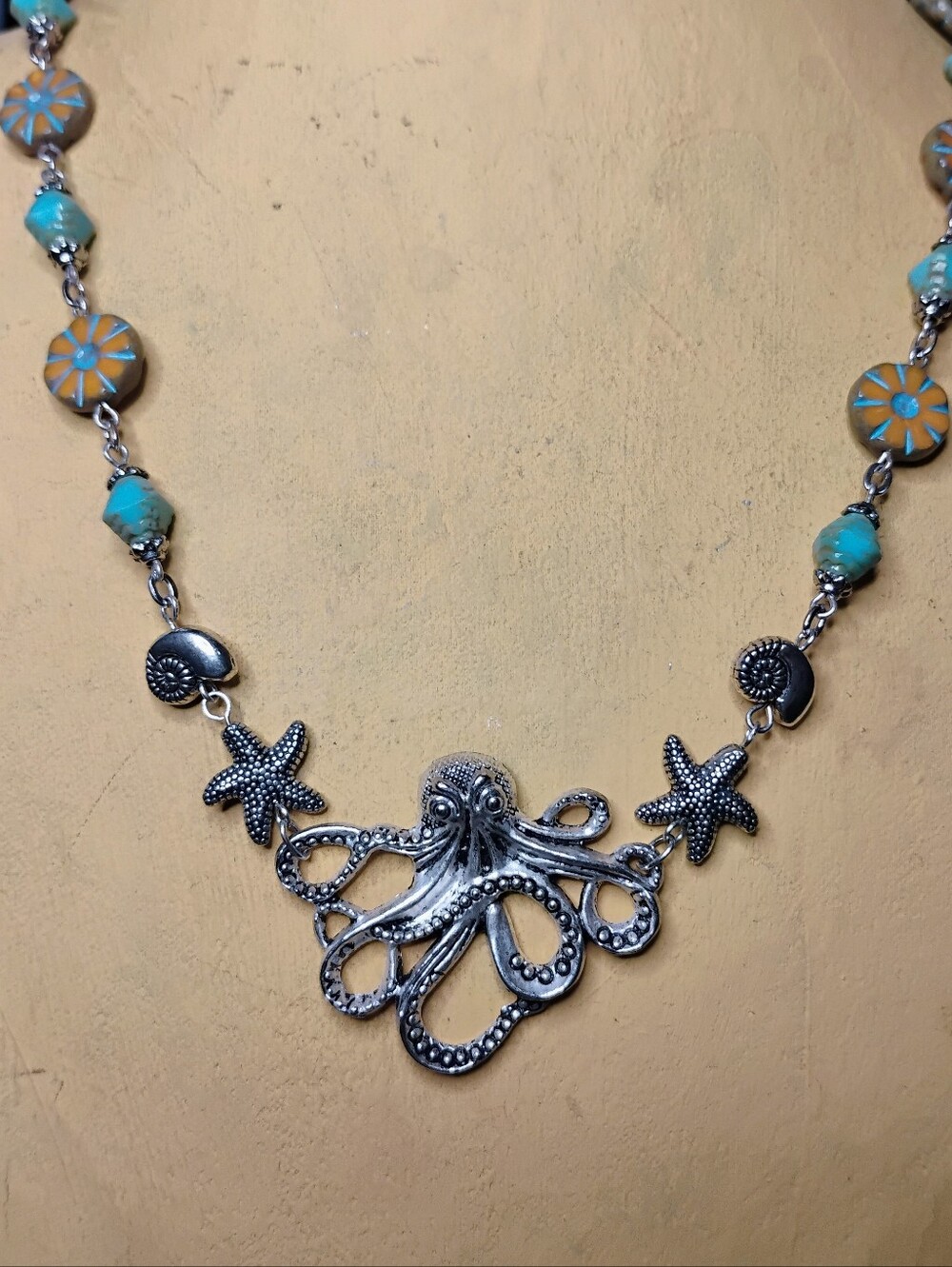 Artisan Coastal Pewter Octopus Necklace w/ Turquoise Czech Glass Beads